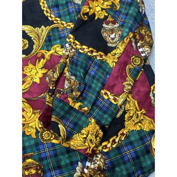 Vintage Bells Camice‎ Womens Blouse Large 12 Silk Baroque Chain Plaid 90s Preppy - Picture 7 of 13